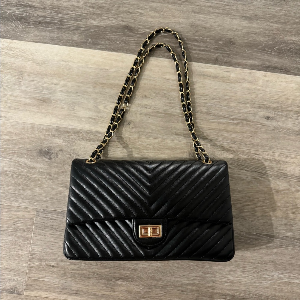 Black Quilted Faux Leather Chain Shoulder Bag
